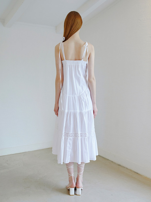 Slip Pintuck Tiered Long Dress, White
