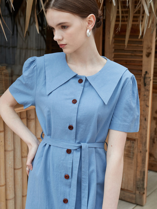 j767 linen collar onepiece (blue)