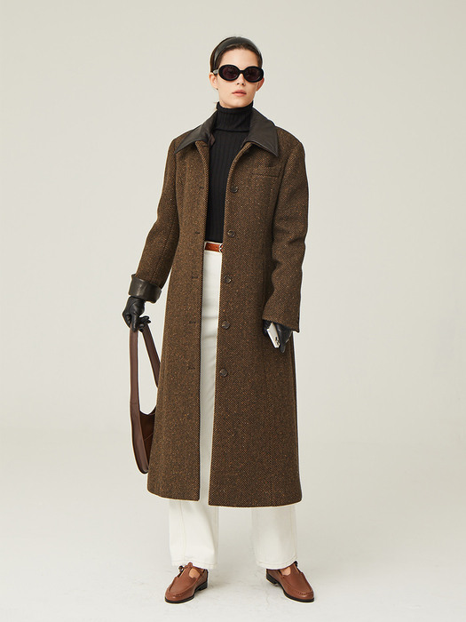 [N]VIBORG  Leather collar single long coat (Brown herringbone)