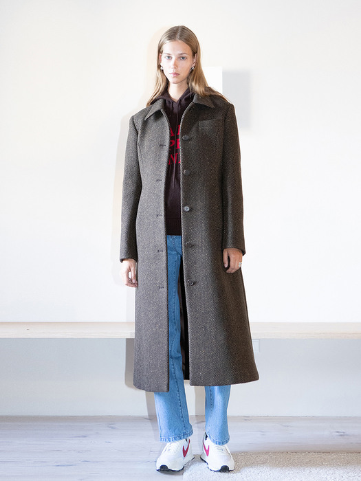 [N]VIBORG  Leather collar single long coat (Brown herringbone)