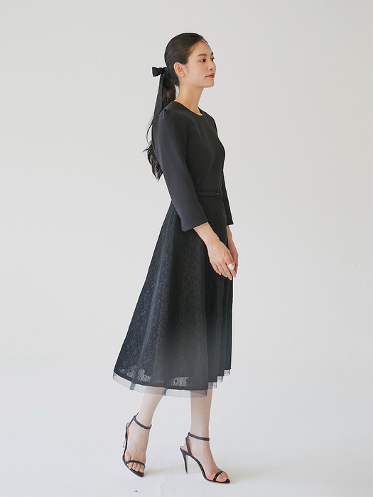 DAHLIA Round neck ribbon detailed voluminous dress (Black)