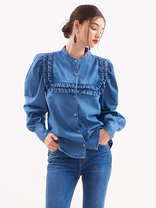 UP-144 Square shirring Denim Blouse