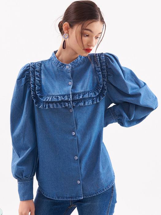 UP-144 Square shirring Denim Blouse