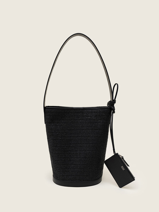 SS22 Leather-trimmed Raffia Shoulder Bag Black