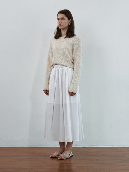 Wide banding cotton gather skirt_WHITE