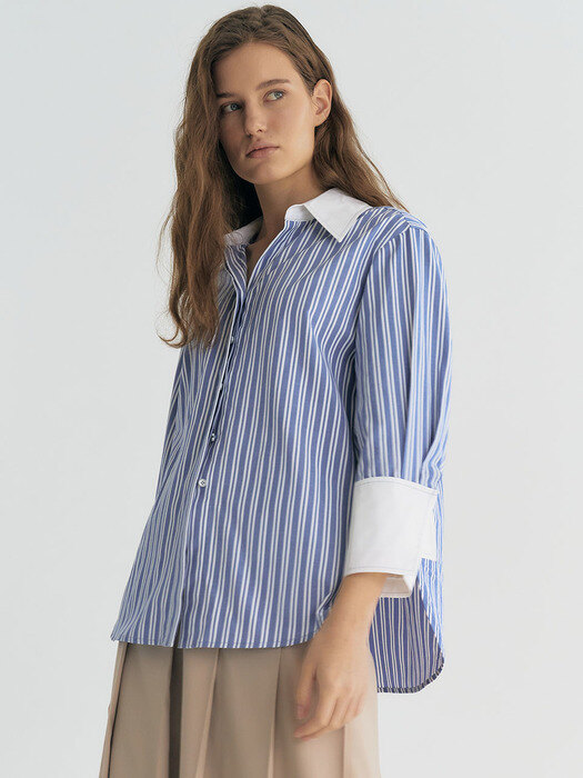 Collar Block Stripe Stitch Shirt (Blue)