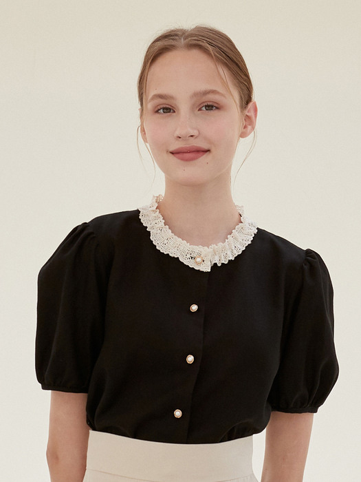 j1014 lace-neck herringbone blouse (black)