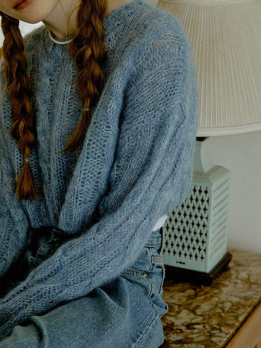 [단독] Mohair cable crop knit (blue)