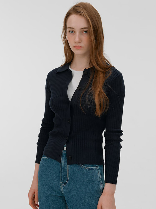 Recyclepoly Ribbed Collar Cardigan  navy blue (WE325AC32R)