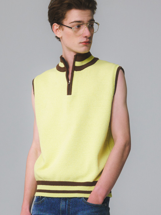 UNISEX, Sporty Zip Up Knit Vest / Lemon