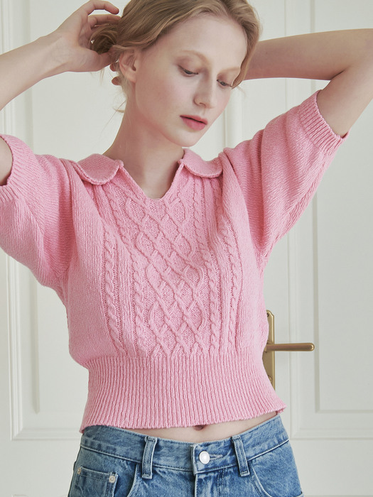 COLLAR SLUB COTTON FISHERMAN SHORT KNIT PINK