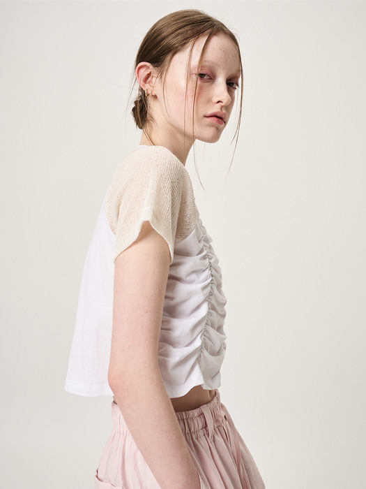 Knit Sleeve Shirring T-Shirt, Ivory