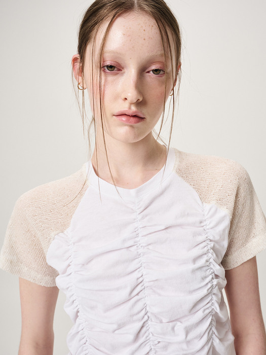 Knit Sleeve Shirring T-Shirt, Ivory