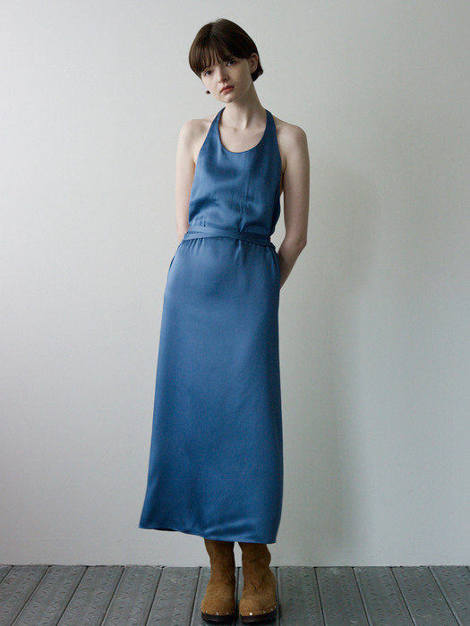 Satin Halter Wrap Dress / Dusty Blue