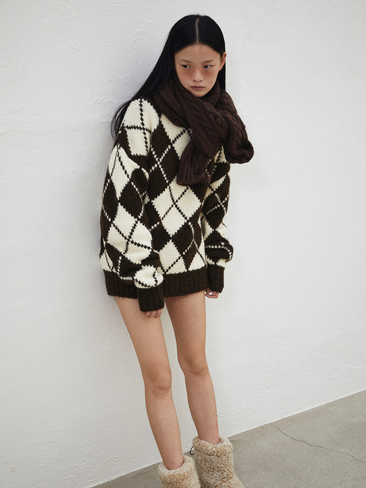 Argyle Knit Pullover (Cream/Brown)