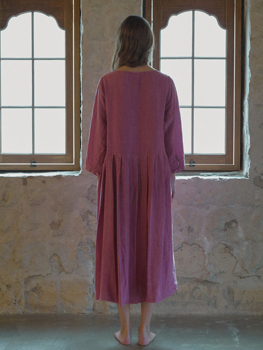 linen natural dyed round shirring dress