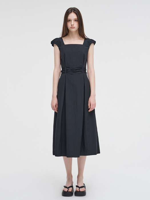 Shoulder Pintuck Shirring Dress, Black