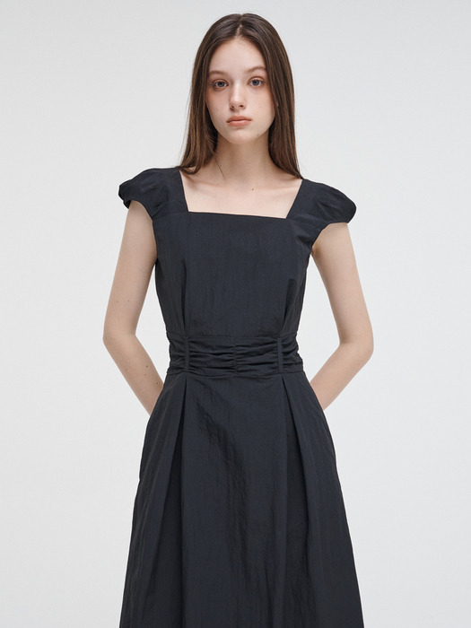 Shoulder Pintuck Shirring Dress, Black