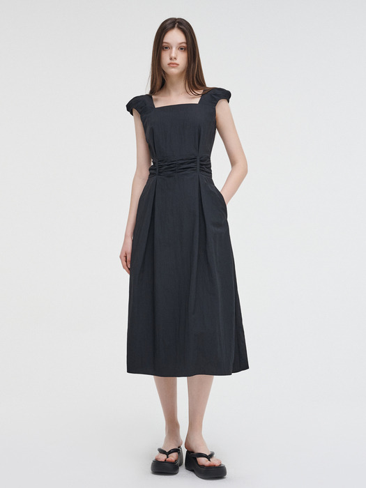 Shoulder Pintuck Shirring Dress, Black