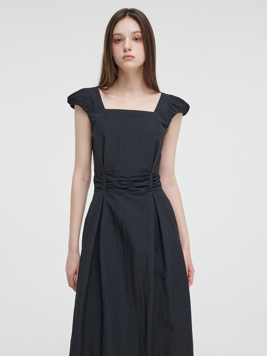 Shoulder Pintuck Shirring Dress, Black