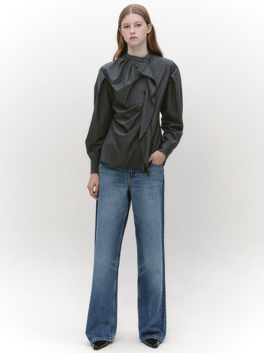 Unbalance Tuck Drape Blouse DARK GREY