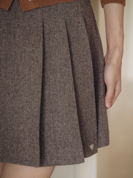 Herringbone wool pleats mini skirt_Brown