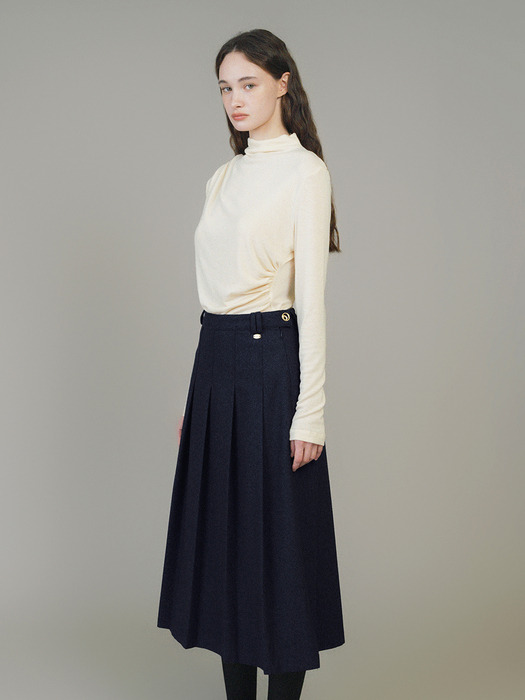 F Ornament Button Pleats Skirt_2colors