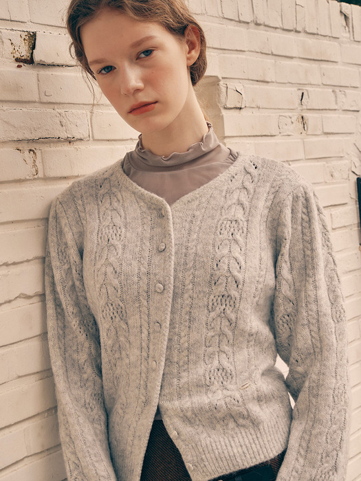 PUFF SLEEVE CABLE CARDIGAN MELANGE GRAY