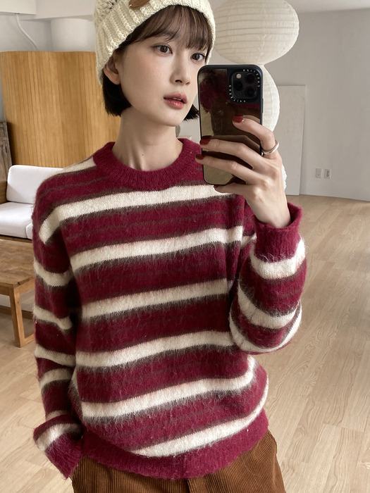 KN4255 헤어리 스트라이프 니트_Wine