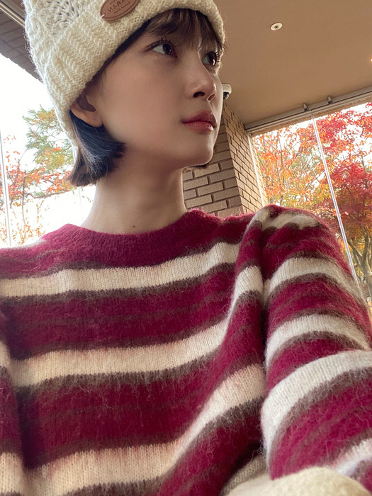 KN4255 헤어리 스트라이프 니트_Wine