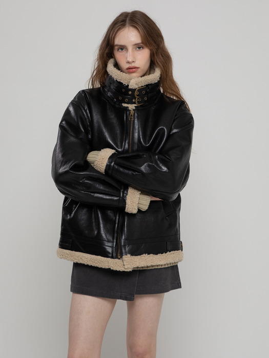 VEGAN LEATHER OVERFIT MUSTANG HALF COAT BLACK