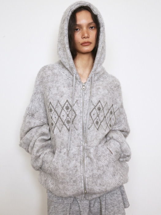 FLUFFY ARGYLE STUDDED HOODIE_ONZI EDITION, GREY