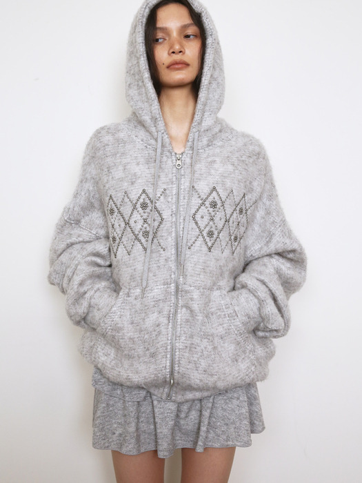 FLUFFY ARGYLE STUDDED HOODIE_ONZI EDITION, GREY