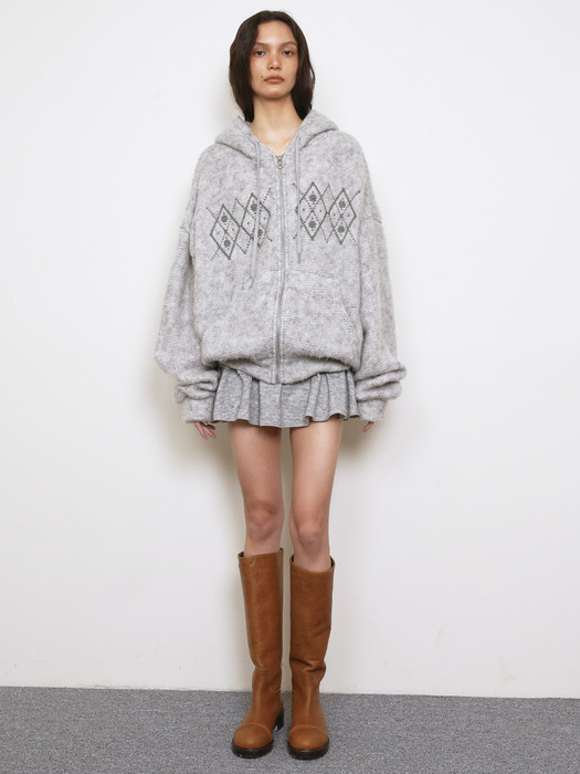 FLUFFY ARGYLE STUDDED HOODIE_ONZI EDITION, GREY