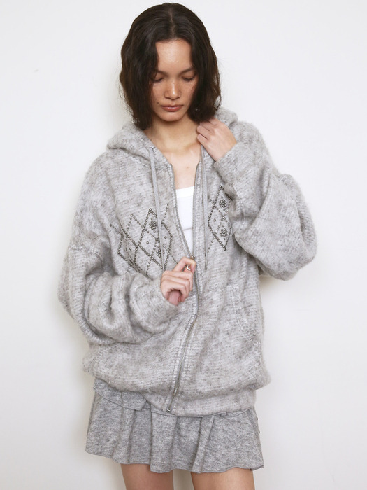 FLUFFY ARGYLE STUDDED HOODIE_ONZI EDITION, GREY