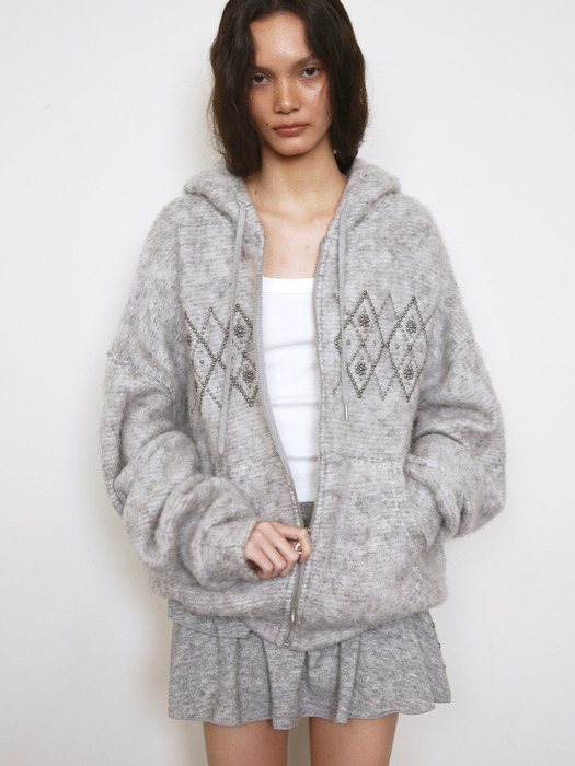 FLUFFY ARGYLE STUDDED HOODIE_ONZI EDITION, GREY