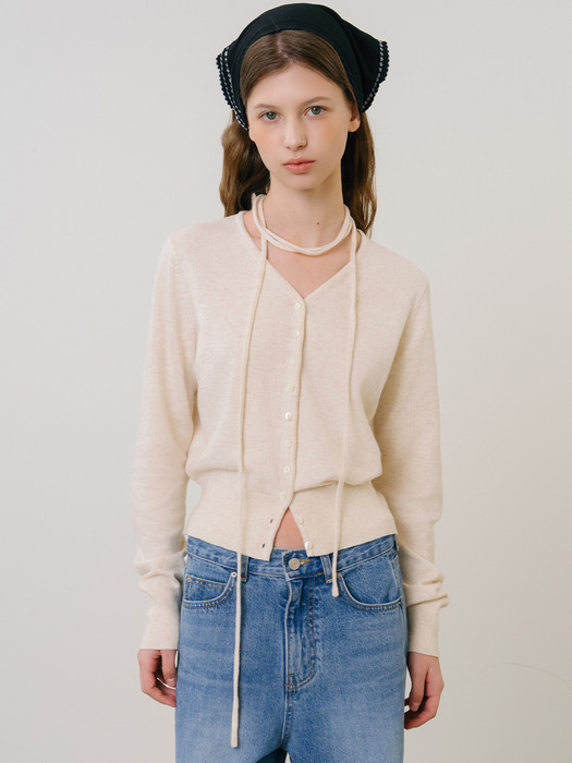 D Viscos Vneck String Cardigan_Oatmeal