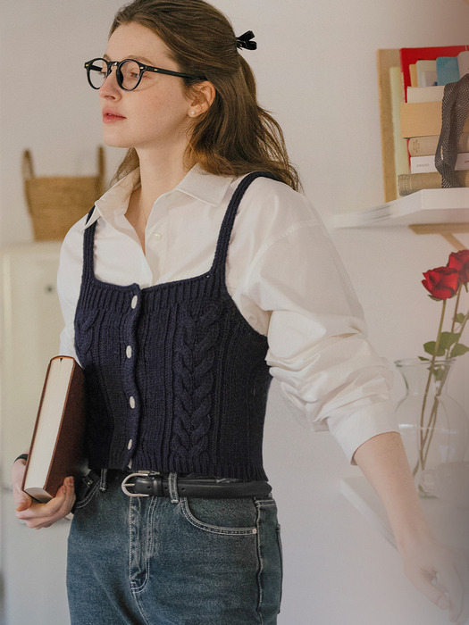 Textured point wool blended bustier_Navy - Image 1
