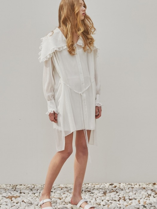 Ruffle Wild Collar Chiffon Dress_White