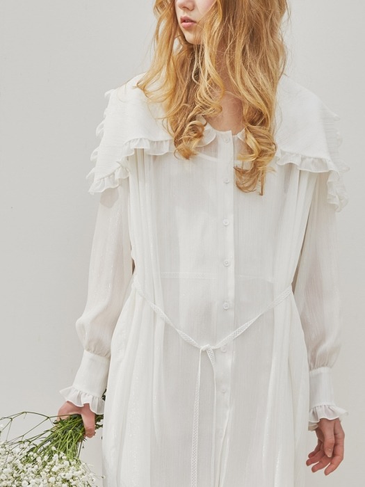Ruffle Wild Collar Chiffon Dress_White