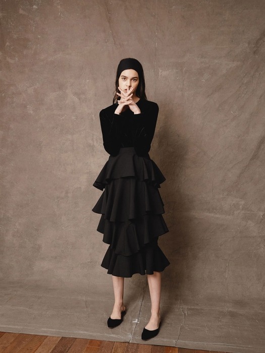 Black Scarlett Ruffle Midi Skirt
