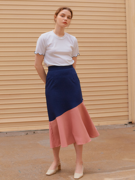 COLOR BLOCK FLARE SKIRT_NAVY