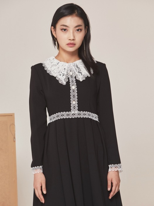 LACE PEARL LONG DRESS BLACK