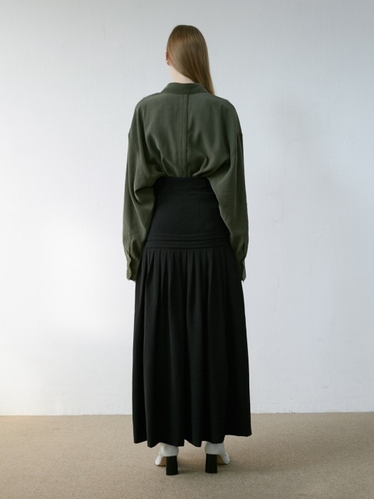 Maxi Pleated Flare Skirt(Black)