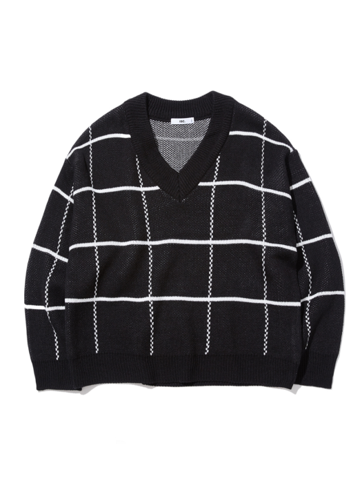 V-neck Check Knit [black]