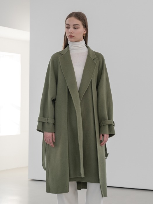 Premium handmade wool double layer belted coat in olive green