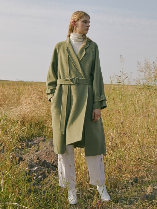 Premium handmade wool double layer belted coat in olive green