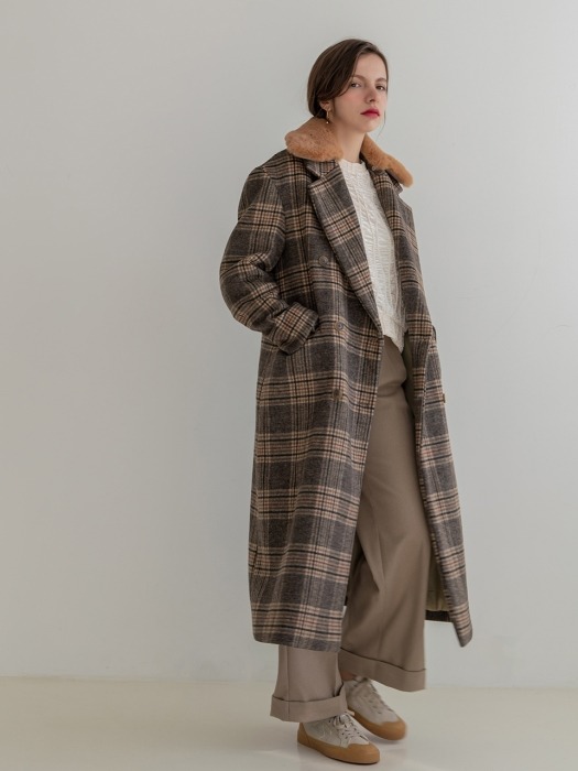 Fur Collar Wool Check Double Long Coat
