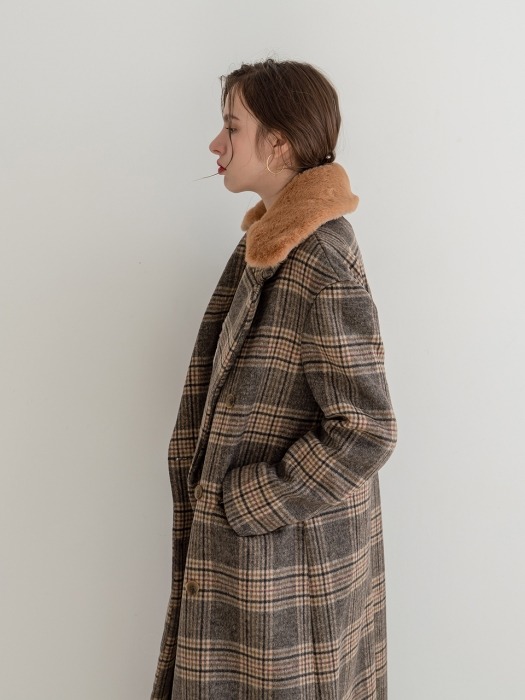 Fur Collar Wool Check Double Long Coat