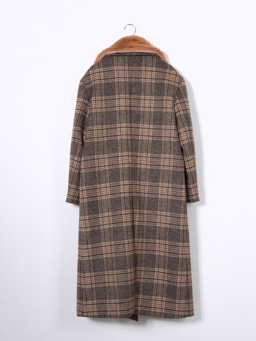 Fur Collar Wool Check Double Long Coat